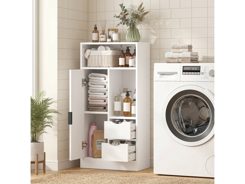  Meuble bas salle de bain porte étagère 2 niches 2 tiroirs - 50 x 25 x 100 cm - blanc  - Conforama D