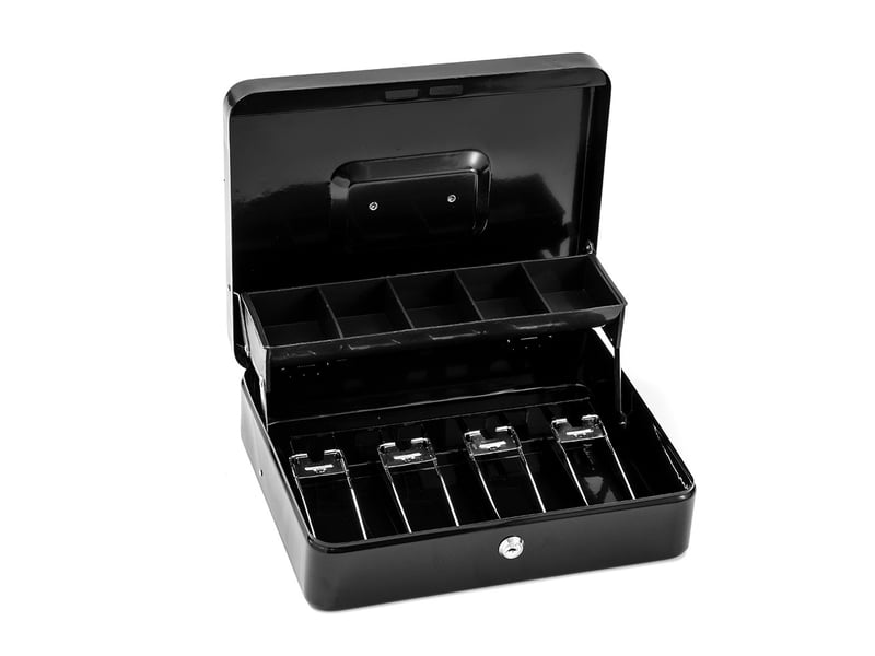  Boite de rangement caisse à monnaie verrouillable 30x24x9cm 4 compartiments à billets et plateau à monnaie  - Conforama A