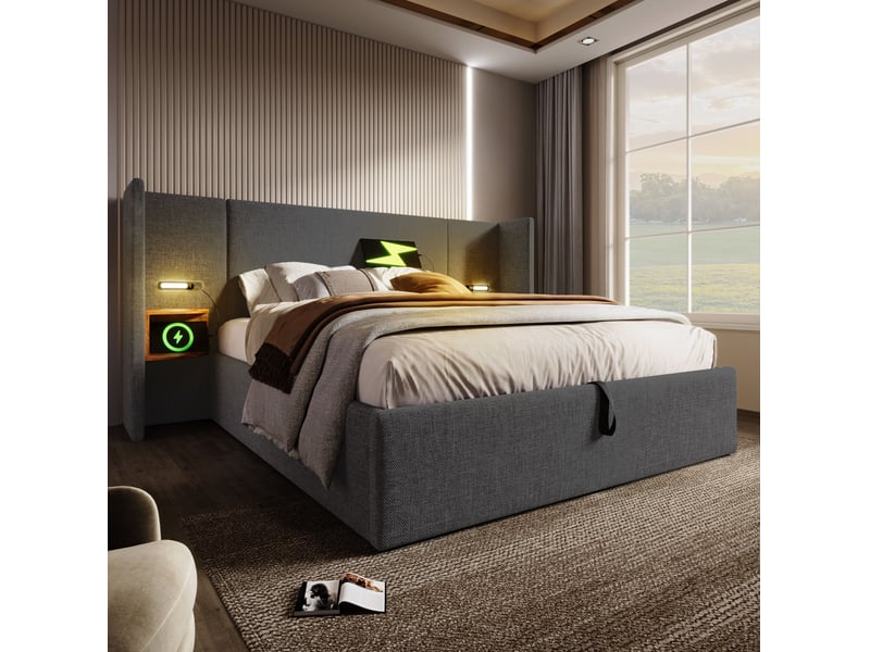  Lit coffre 160x200 cm avec lampe de lecture et charge usb type-c, gris, sans matelas  - Conforama C