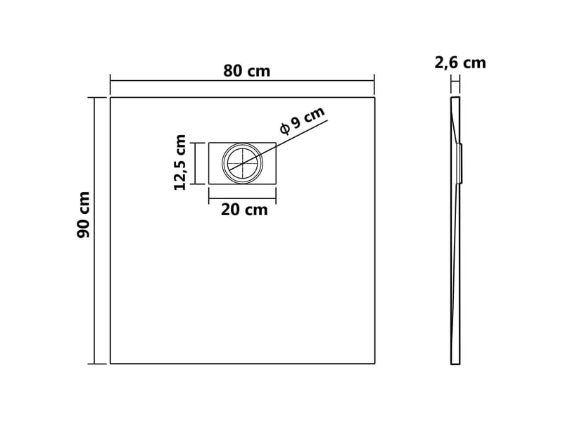  Bac de douche receveur de douche rectangulaire salle de bain maison intérieur trou de drain standard de 9 cm smc 90 x 80 cm noir 02_0003456  - Conforama E