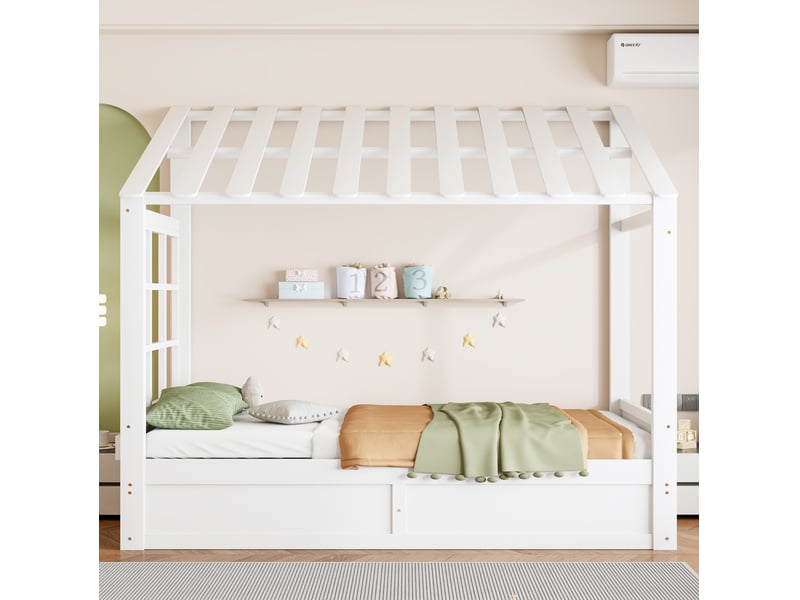 Lit enfant 90x200 cm cabane avec toit, rangement hydraulique et fenêtres blanc - Conforama B