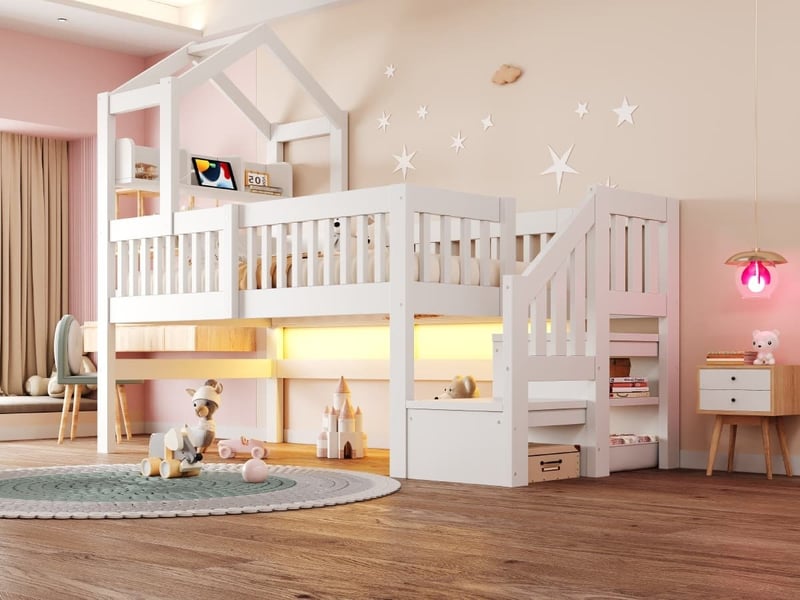  Lit mezzanine multifonction en bois, 90 x 200 cm, avec structure en forme de toit, étagère, bande led et escalier de rangement, ​​blanc  - Conforama B