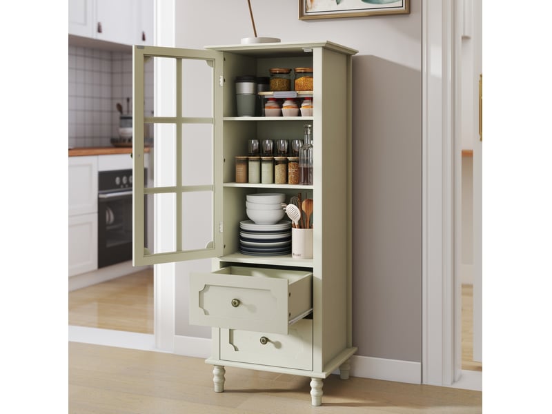  Buffet haut vitré avec 2 tiroirs en mdf blanc crème, 50x40x133 cm  - Conforama W