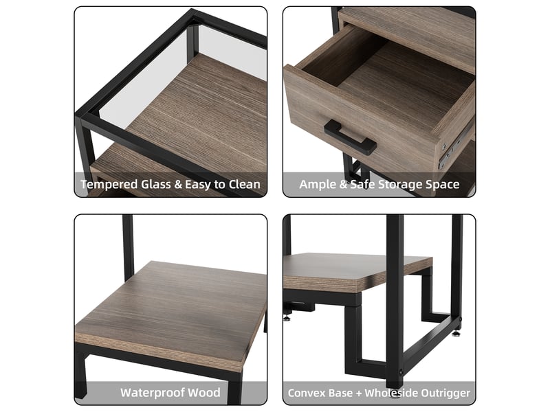  Table basse moderne 3 niveaux, tiroir bois, verre trempé, cadre acier robuste, salon chambre, montage facile,noir PHO_0XXNDJRE - Conforama E