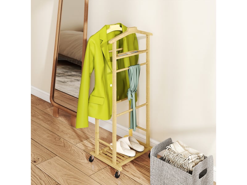  Valet de chambre 4 en 1 en bambou avec roulettes, 2 barres, plateau vide et étagère à chaussures, 47 x 33,7 x 105,5 cm  - Conforama E