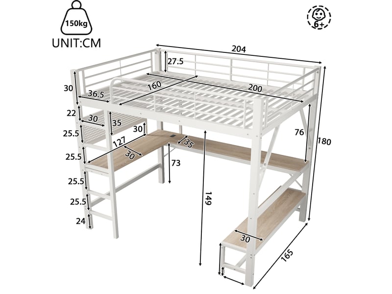  Lit mezzanine 160x200 cm avec bureau, led et prises usb type-c blanc  - Conforama C