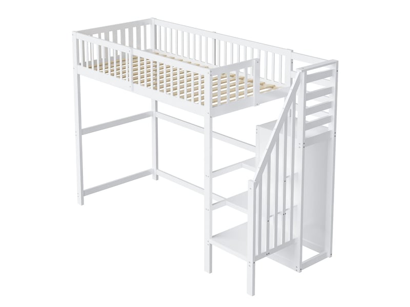 Lit mezzanine 90x200 avec escalier et armoire - lit simple - cadre en bois blanc, étagères de rangement, idéal pour enfant et ado - Conforama C
