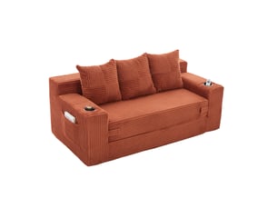 Canapé modulaire 3 places extensible avec porte-gobelets et poches latérales en velours côtelé orange, 172 × 87 × 64 cm