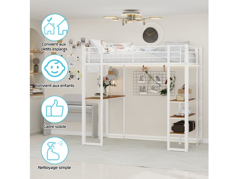  Lit mezzanine, 90x190 cm, lit en hauteur, avec bureau, solution de rangement, matelas non inclus, métal, coloris blanc  - Conforama E