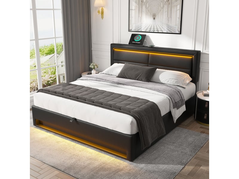 Lit capitonné 140x200 simili cuir noir avec coffre de rangement - led et chargeur sans fil - Conforama D