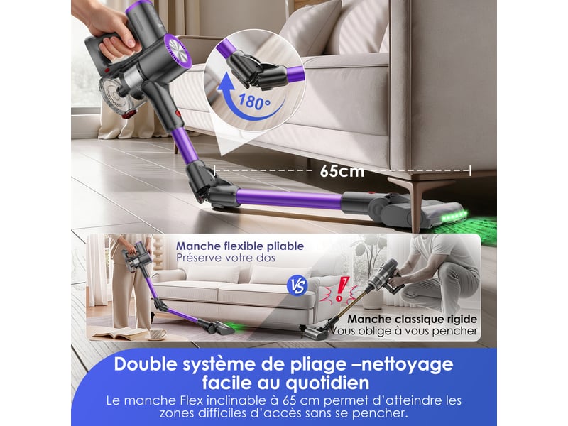  Aspirateur balai sans fil 55 000 pa, autonomie 70 min, led vert, aspirateur 6-en-1 avec tube flexible à 180°, bac à poussière 1,8 l, 4 filtres hepa h13 lavables inclus, sans sac, technologie anti-emmêlement des cheveux et poils  - Conforama D