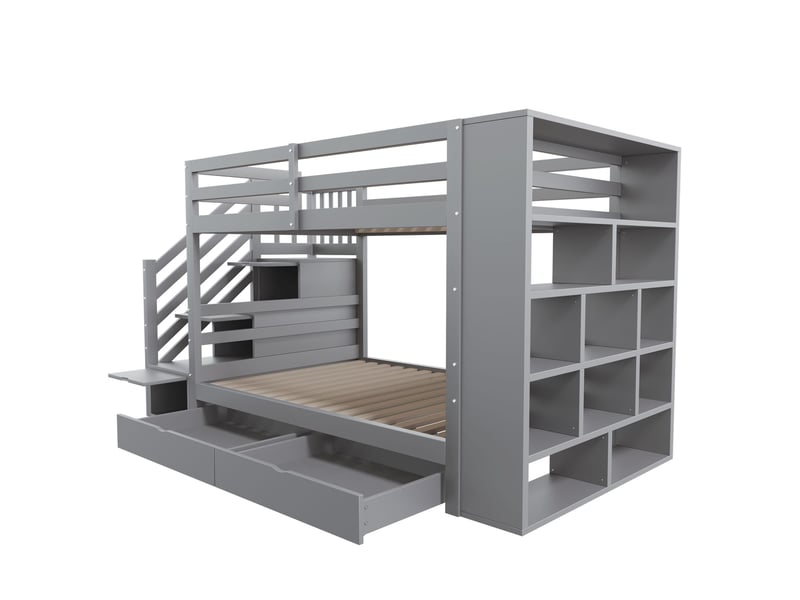 Lit superposé 90x200 cm avec escalier de sécurité, rangements, bois, gris, sans matelas  - Conforama A