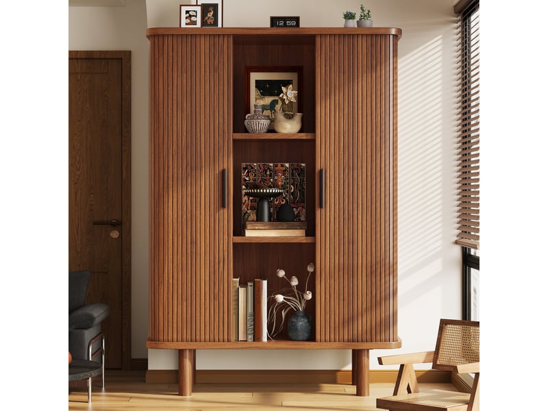  Buffet de cuisine haut avec porte coulissante, meuble rangement 160x40x110 cm, design rainuré, bois massif et mdf, marron foncé  - Conforama B