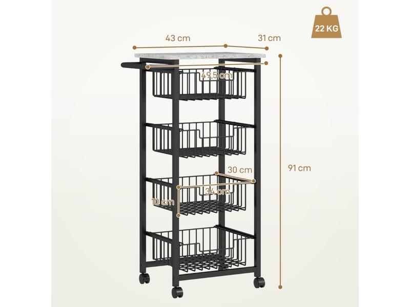  Desserte de cuisine avec 4 paniers et poignée sur roulettes pour cuisine et bar, en mdf et acier, gris clair, 49,5×31×91 cm  - Conforama D