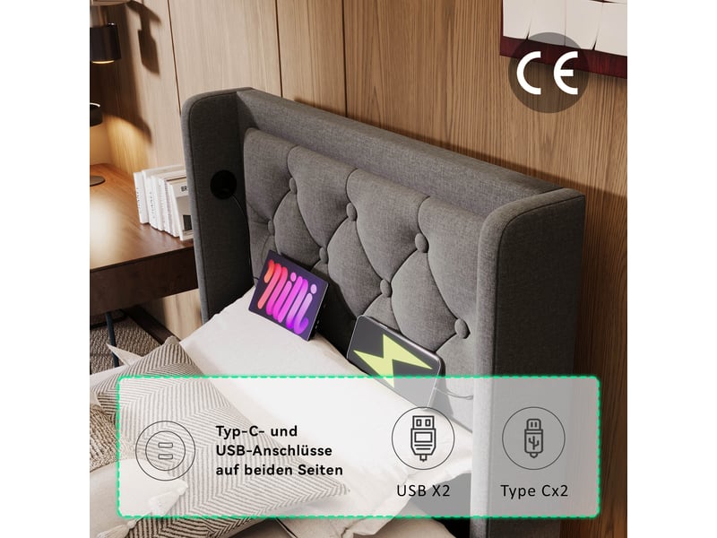 Lit coffre hydraulique 90x200 cm rembourré avec led 3 côtés et usb-c-tête de lit capitonnée-sommier à lattes-gris - Conforama D
