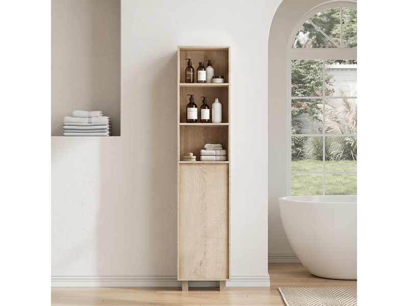  Meuble colonne de salle de bain 162.5cm chêne clair - meuble de rangement étroit avec portes et étagères ouvertes  - Conforama E