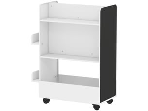 Bibliothèque pour enfants avec 4 étagères, compartiment inférieur, 2 panneaux latéraux, tableau noir, roulettes, pour les 3-8 ans, 66,5 x 32,5 x 86,5 cm, blanche