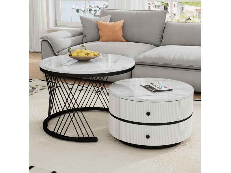  Tables basses gigognes ulevr rondes 60 x 46 et 50 x 31 cm, 2 tiroirs, plateaux mdf effet marbre blanc brillant  - Conforama D