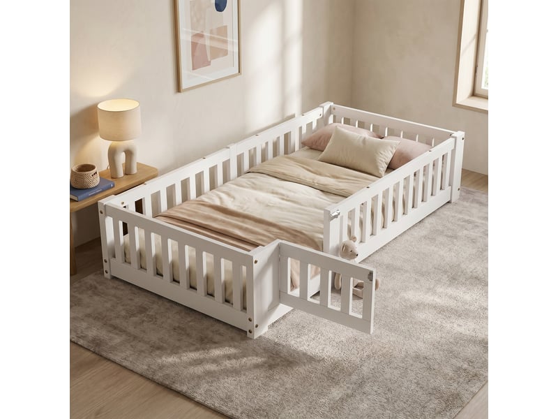  Lit simple 80x160 cm, lit au sol montessori avec barrières et porte amovible, lit enfant, sommier inclus, bois, blanc  - Conforama B