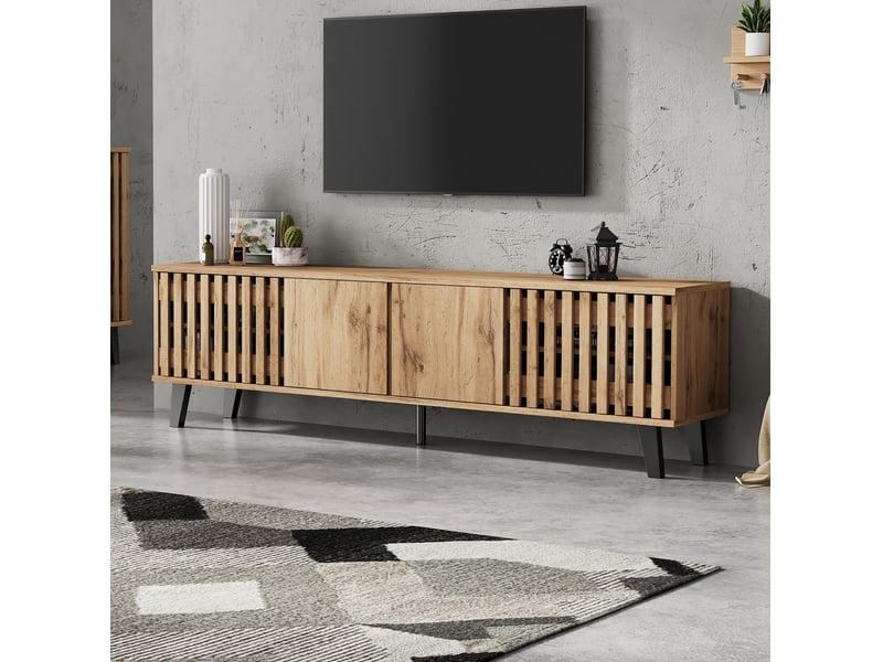  Meuble tv 180x40x55 cm, 8 compartiments, pour téléviseur jusqu’à 70 pouces, coloris naturel  - Conforama B