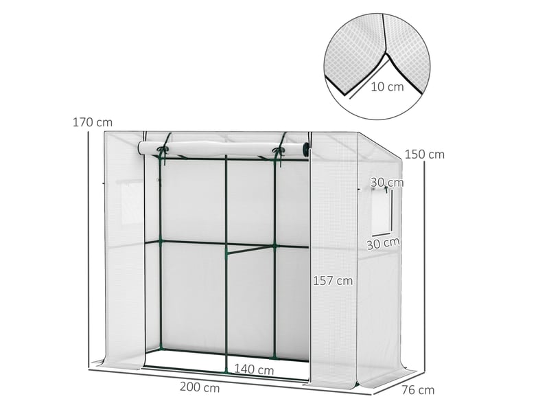  Serre adossée 200 x 76 x 170150 cm, en acier, blanche, avec porte enroulable et 2 fenêtres, protection uv  - Conforama C