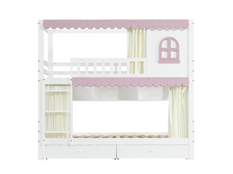 Lit superposé 90x200 cm, lit enfant avec fenêtres et rideaux de jeu, en bois de pin et mdf avec 2 tiroirs de rangement et étagères, blanc et rose - Conforama D