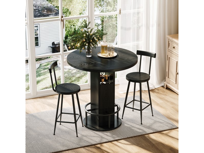  Ensemble table haute et deux tabourets, table de bar ronde noire de 80 cm avec rangement et repose-pieds en métal  - Conforama B