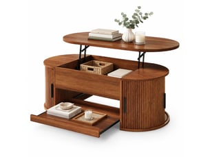 Table basse relevable 110x55 cm – noyer – rangement caché, portes coulissantes et plateau coulissant