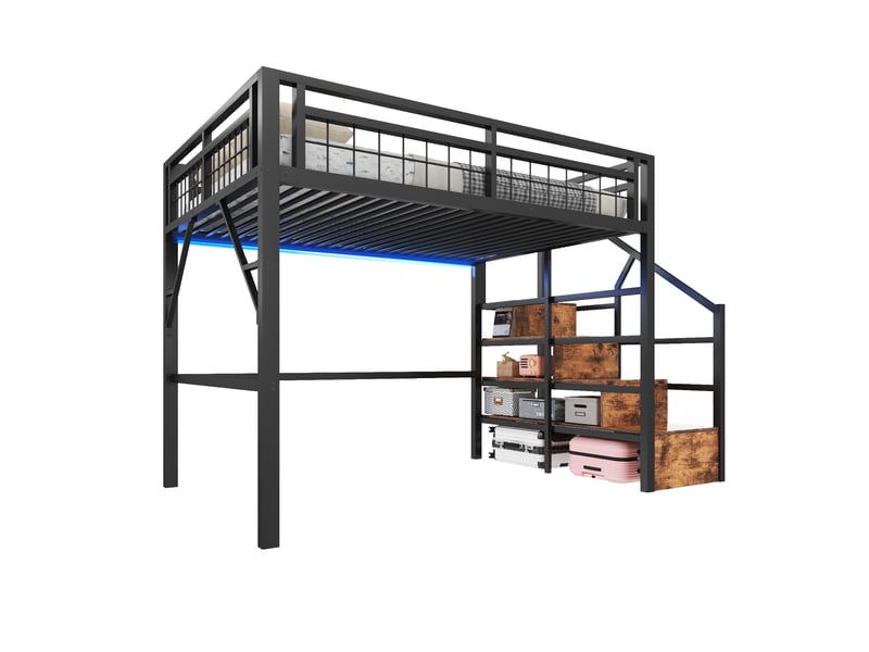  Lit mezzanine 140x200 cm avec led, escalier de rangement, espace libre sous le lit, métal et mdf, noir Sol Morn - Conforama A