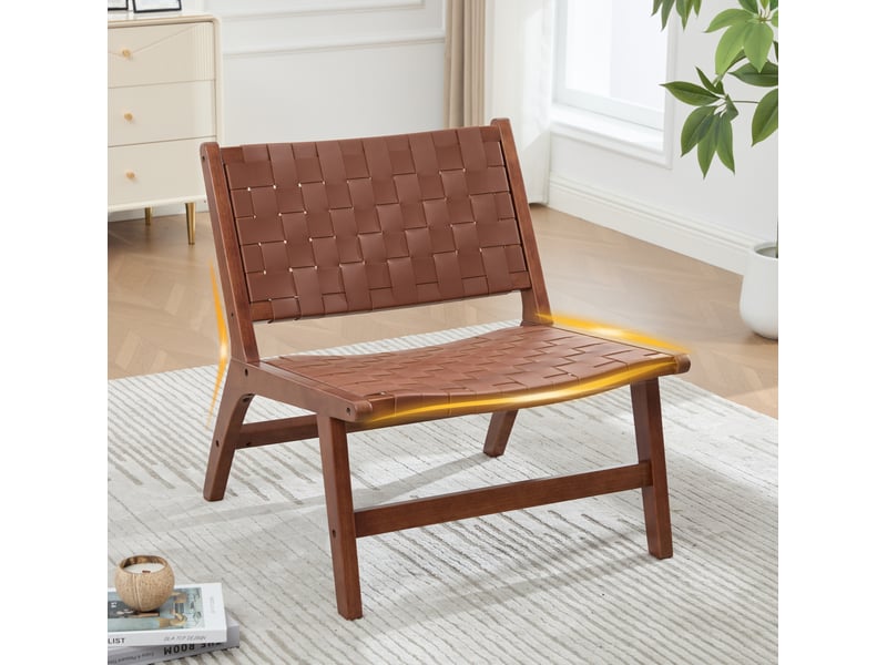  Fauteuil sans accoudoirs tressé à motif damier, assise basse compacte, cadre en bois et revêtement pu marron  - Conforama B