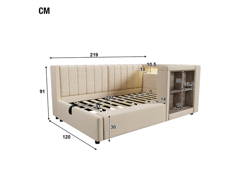  Lit banquette avec coffre 90x200 cm beige, sommier relevable à lattes, tête de lit avec niches, led, 3 usb et usb-c, sans matelas AB30109234-zlq - Conforama C