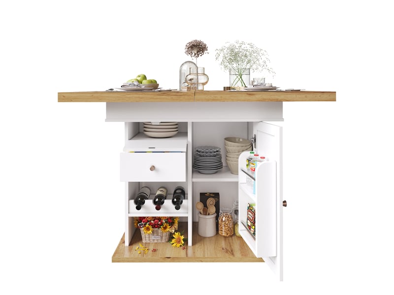  Table à manger extensible, table de cuisine avec rangements intégrés, plateau extensible, range-bouteilles, dimensions 110 à 140 x 80 cm, mdf, blanc  - Conforama A