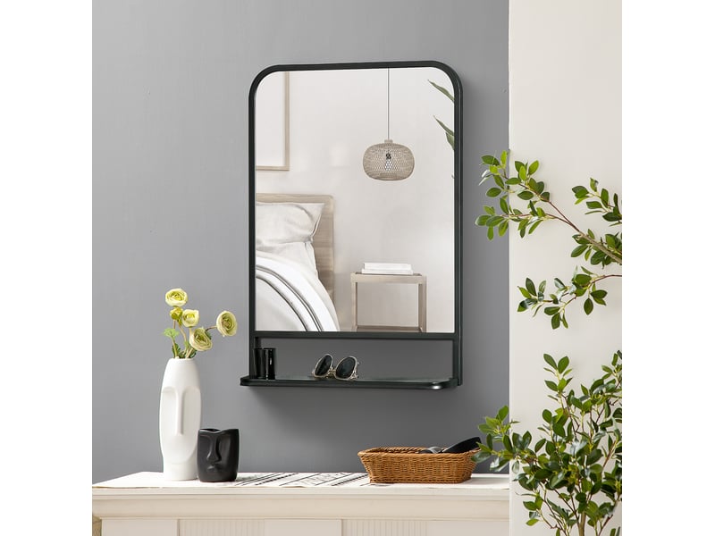  Miroir simple mural avec tablette de rangement, cadre en fer noir, pour entrée et salle de bains, 50 × 70 cm  - Conforama C