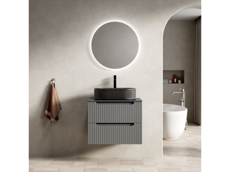  Meuble sous vasque suspendu avec 2 tiroirs à fermeture douce en pierre frittée, gris foncé, 60×46×62,2 cm  - Conforama B