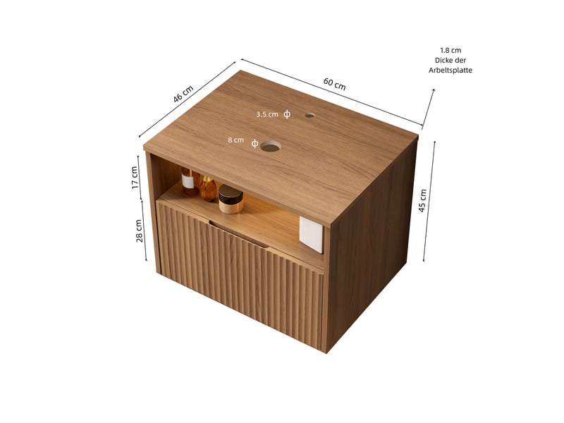  Meuble sous vasque mural avec 1 tiroir et niche ouverte en contreplaqué chêne brun pour salle de bain 60 × 46 × 46,8 cm  - Conforama E