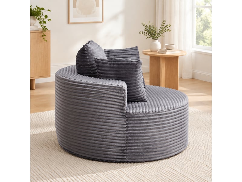  Fauteuil rond 110 cm en velours côtelé avec 3 coussins gris chicfurn  - Conforama C