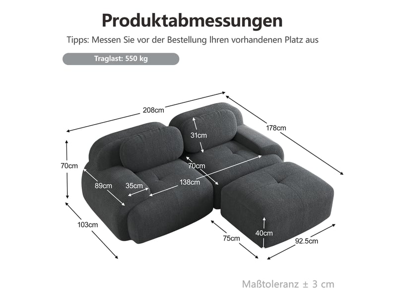  Canapé d’angle modulable modenvie 2 places en velours côtelé gris 208 x 178 x 70 cm  - Conforama C