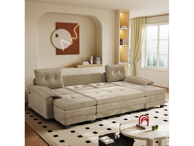 Canapé-lit convertible modulable en u 4 places en chenille camel avec ports usb - 278 x 127 x 87 cm - Conforama D