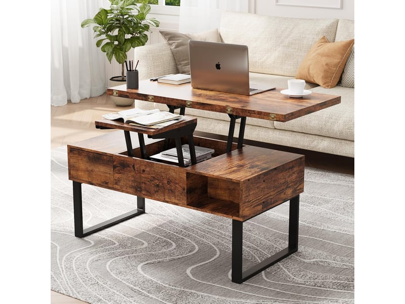  Table basse réglable en hauteur, table de salon multifonctionnelle 3 en 1 avec 2 tiroirs et rangement dissimulé (marron rétro)  - Conforama D