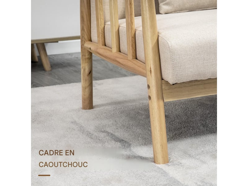  Canapé 2 places en tissu aspect lin et bois massif 123 x 69 x 74 cm beige  - Conforama E