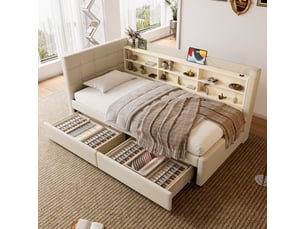 Lit avec rangement 90x200 cm <strong>BEAOK</strong> <strong></strong> coloris beige