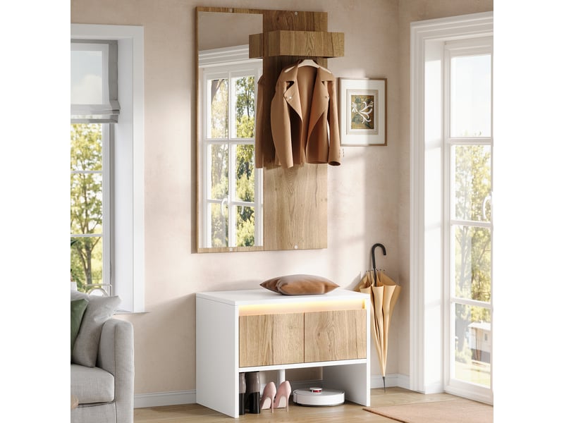 Portemanteau avec banc et rangement 60 x 145 cm en panneau de particules blanc et naturel - Conforama W