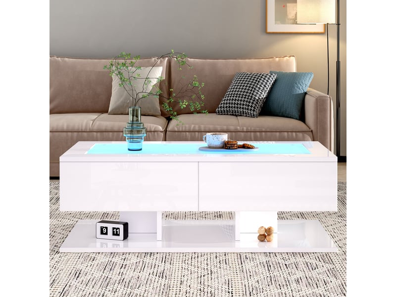  Table basse blanche brillante 100x50x35 cm, table de salon avec tiroirs et plateau en verre trempé, table basse led  - Conforama E