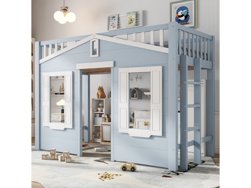  Lit mezzanine bleu 90x200 cm, pin, mdf et contreplaqué, échelle réversible, fenêtres et espace libre sous le couchage  - Conforama B