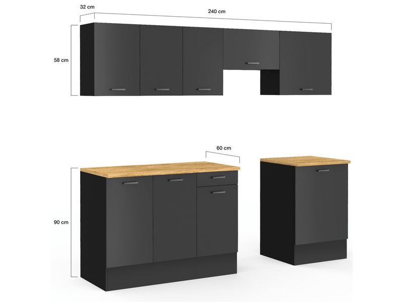 Cuisine complète 240 cm subtil avec plan de travail 7 éléments noir et plateaux bois  - Conforama E