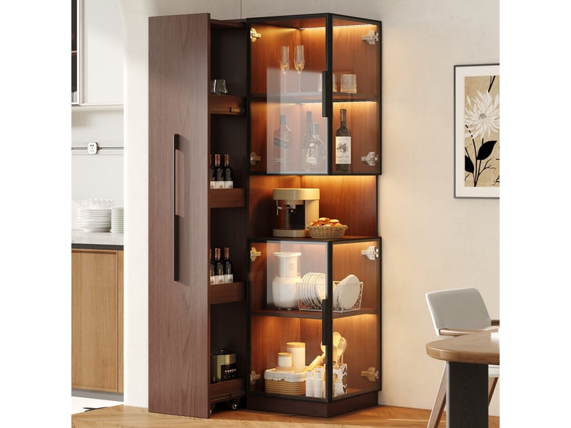  Vitrine en Verre 70x38x160 cm avec Étagère Coulissante, Double Porte Vitrée, LED et Rangement Multifonction - Noyer Fay Lum - Conforama B