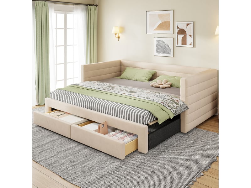  Lit 3-en-1 évolutif, 90x190 cm, espace nuit, avec tiroirs pratiques, matelas non inclus, mdf et métal, coloris beige  - Conforama B