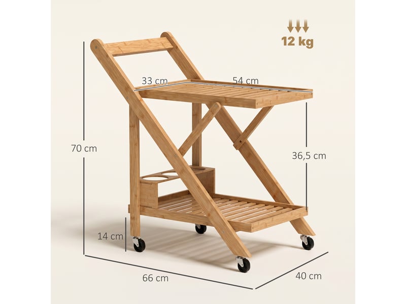 Desserte de cuisine en bambou chariot de service pliable 2 plateaux 4 roues 3 casiers à vin bois naturel 66 x 40 x 70 cm  - Conforama C
