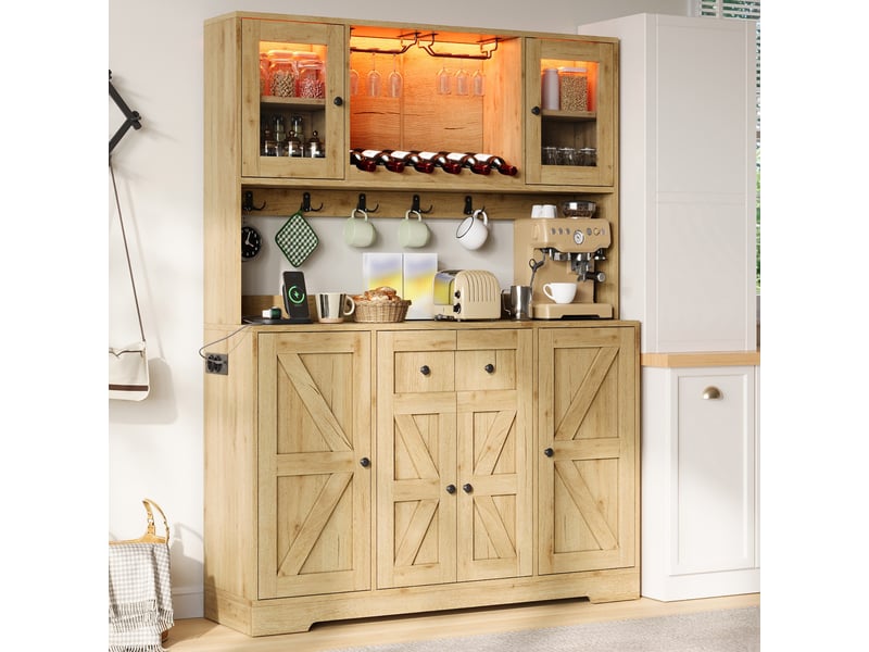 Buffet de cuisine - 140x40x173 cm - avec éclairage led, station de charge, portes façon grange et range-bouteilles - bois naturel - Conforama C