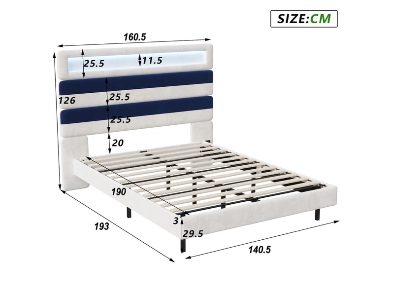  Lit 140x190cm - lit double 140x190 - avec tête de lit modulable rayures en velours, led rvb, usb et ue - beige  - Conforama E